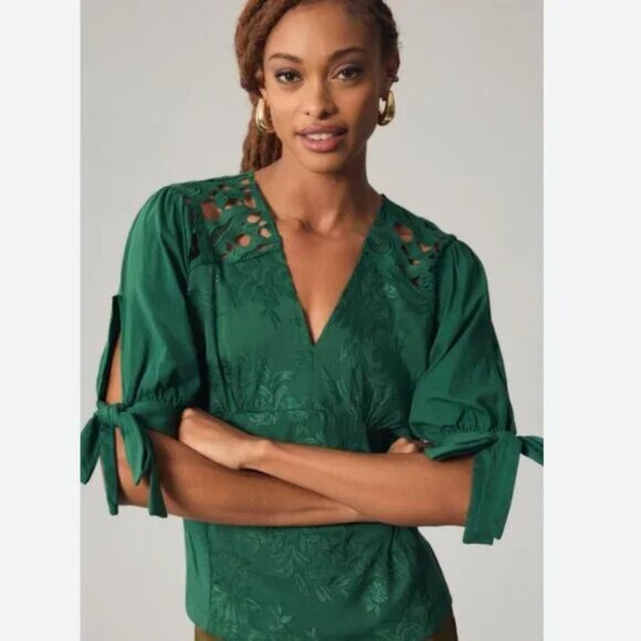 Anthropologie Tiny Ophelia Embroidered Lace Blouse In Green Size M EUC - Picture 4 of 14